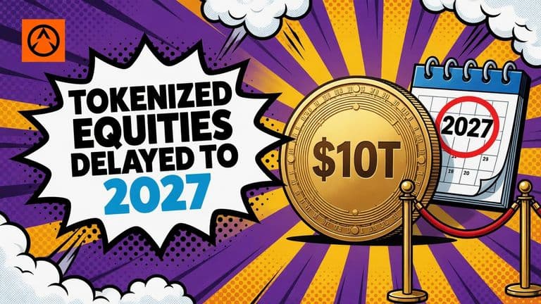 A comic illustration of a share certificate fused into a coin on a trading desk, held back by a rope barrier below a calendar page marked 2027, beside a speech bubble reading TOKENIZED EQUITIES DELAYED TO 2027.