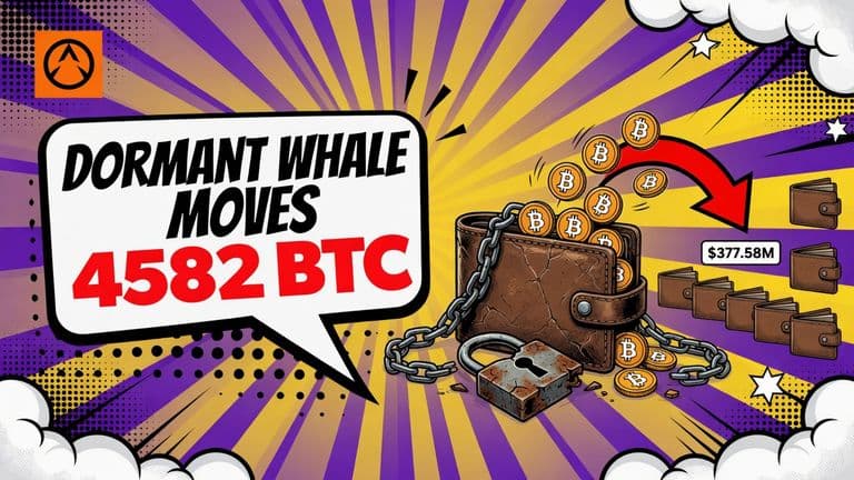 A cracked open chained bitcoin wallet spilling coins along an arrow toward five small empty wallets, with a speech bubble headline on the left.