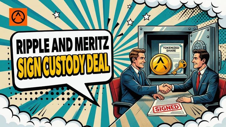 A comic illustration of two executives shaking hands at a signed document, with an open vault behind them holding a gold crypto coin, a tokenized share and a key.