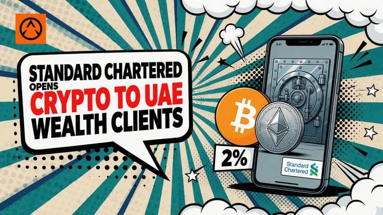 A hand holds a phone showing a crypto buy screen with a bitcoin coin and an ether coin beside it, in front of a closed bank vault door.