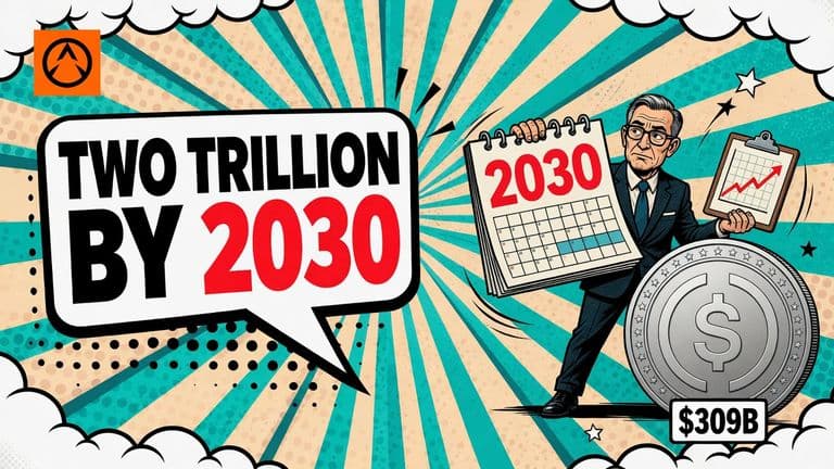 A comic illustration of a bank analyst holding a calendar page reading 2030 next to a large USDC coin and a badge showing $309B, with a speech bubble reading TWO TRILLION BY 2030.