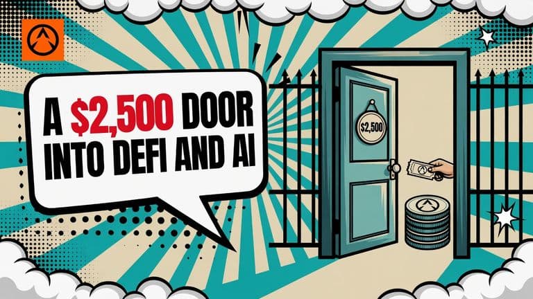 A comic-style illustration of an open door in a thick gate, a hand holding a small ticket at the entrance, three stacked coin discs behind the doorway and a small round badge on the door.