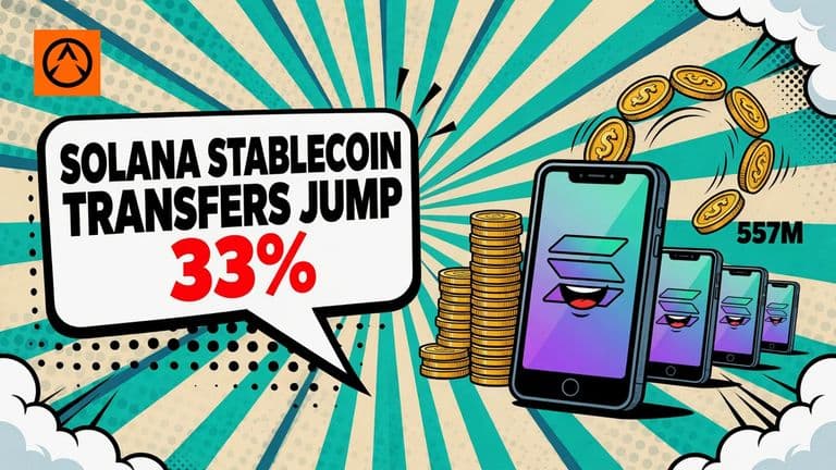 A comic-style illustration of a smartphone marked with the Solana logo firing a stream of dollar coins along an arrow while smaller phones queue behind it and a stack of coins rises beside them.