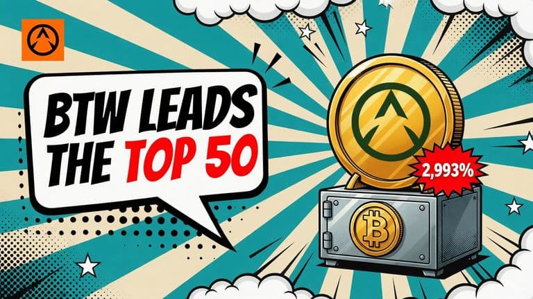 A comic-style illustration of a large BTW coin with an upward arrow over a vault marked with a Bitcoin symbol, beside a badge reading 2,993%.