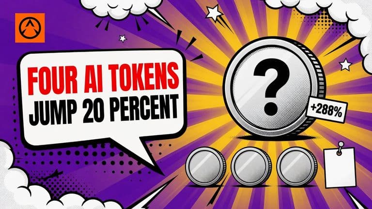 A comic-style illustration of one large coin marked with a question mark above three smaller plain coins, with a speech bubble on the left reading four AI tokens jump 20 percent and a badge showing plus 288 percent.