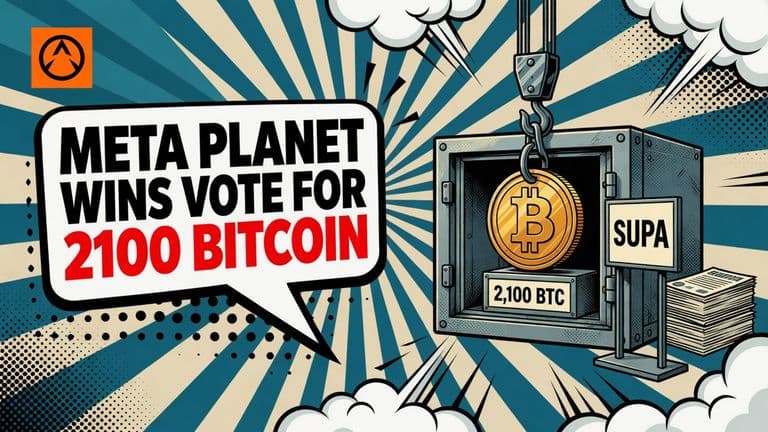 A comic-style illustration of a giant gold Bitcoin coin being lowered into a vault beside a SUPA stock placard, with the publication's logo in the top left corner.