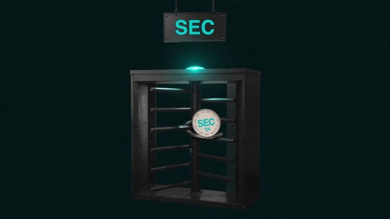 A heavy turnstile gate with a single coin wedged in its arms beneath a regulator's mark.