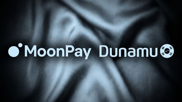 The names MoonPay and Dunamu with their logos, side by side over soft folds of silk.
