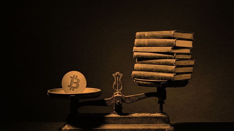 A balance scale tips down on one side under a single Bitcoin coin while a tall stack of ledger books rides high on the other.