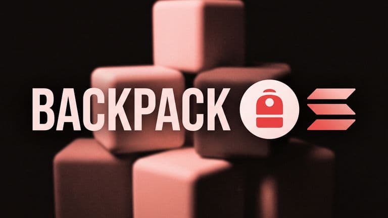 The name Backpack beside the Backpack and Solana marks, centred over softly blurred stacked cubes.