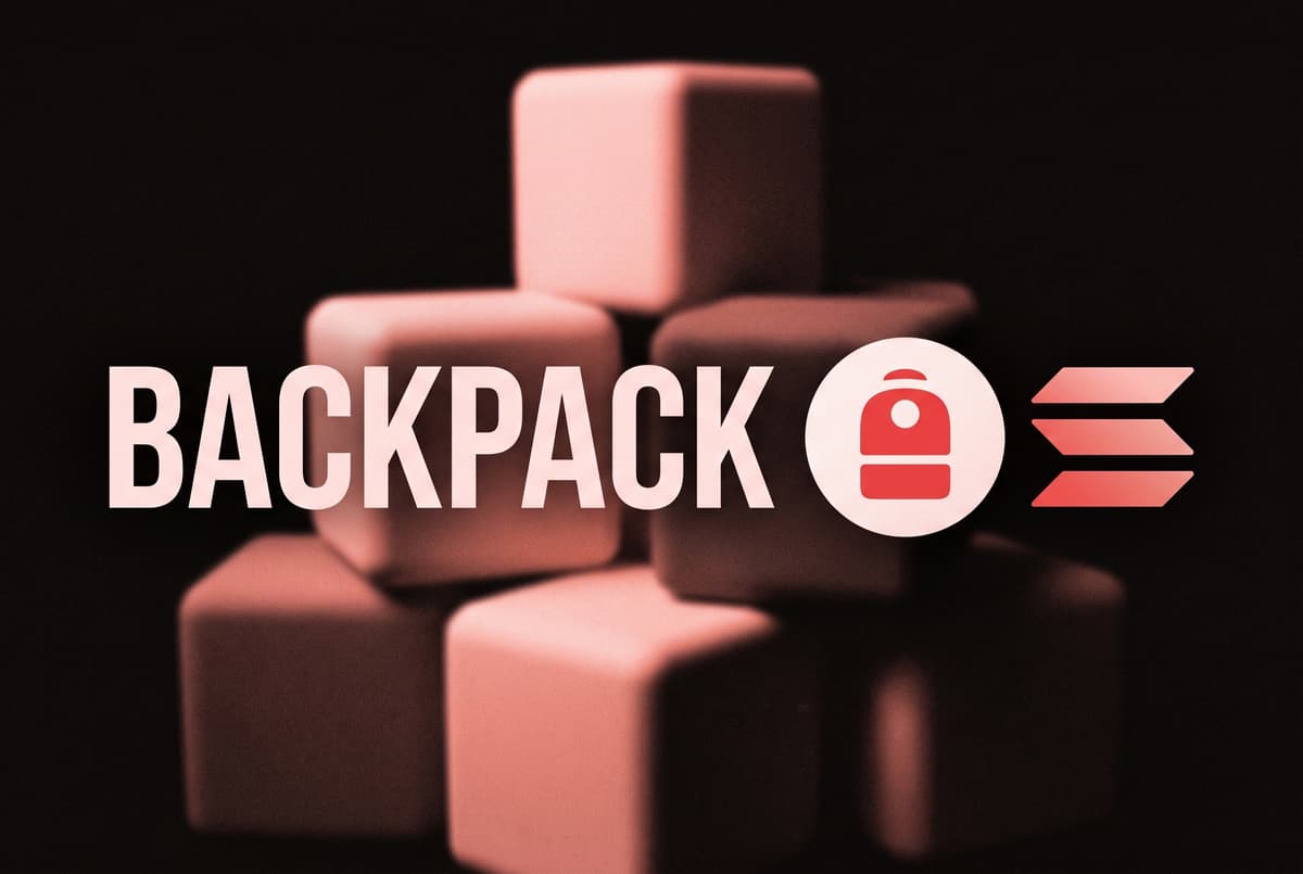 The name Backpack beside the Backpack and Solana marks, centred over softly blurred stacked cubes.