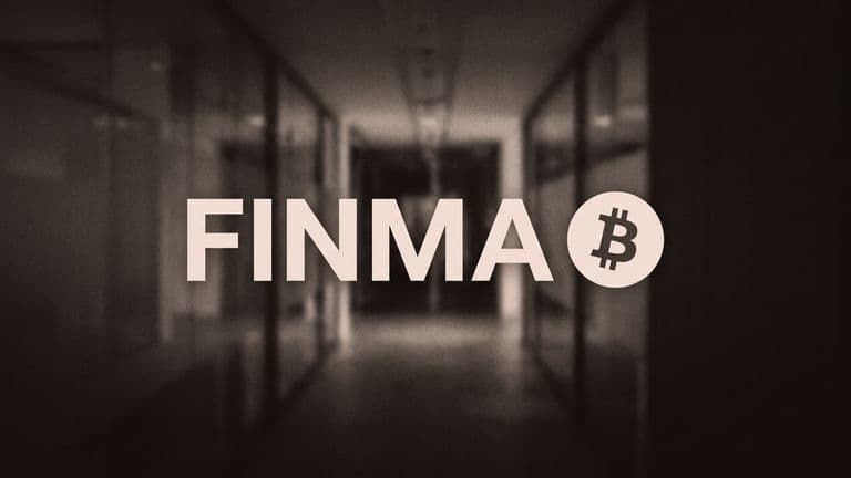 The name FINMA in large pale letters beside a Bitcoin coin, in front of a blurred glass corridor.