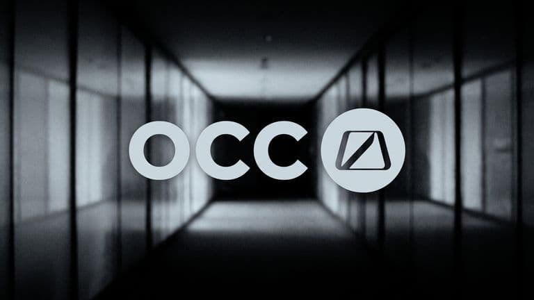 The letters OCC and the regulator's logo, centred in large pale letters over a softly blurred glass corridor in midnight navy blue.