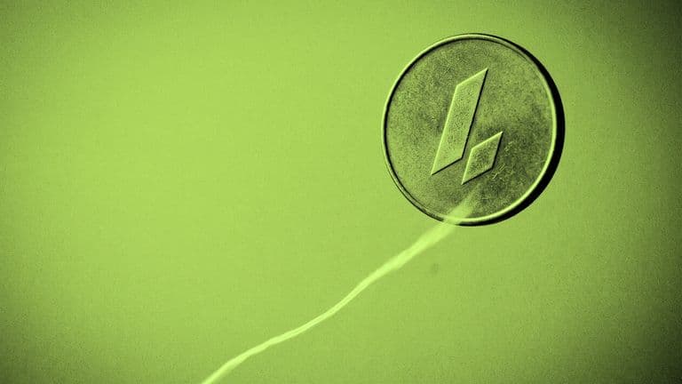 A single coin climbs to the upper right of a flat green background, trailing a long diagonal streak of light behind it.