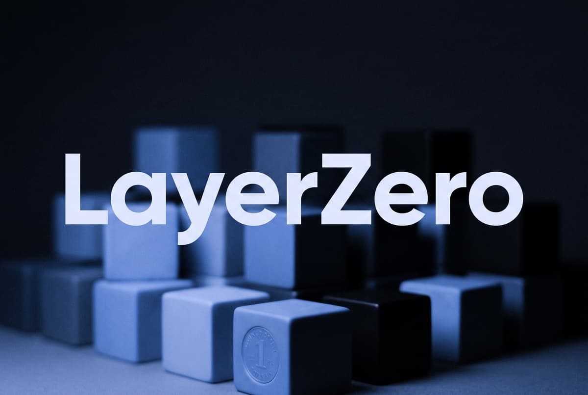 The word LayerZero in large pale letters centred over blurred rows of stacked cubes on a dark blue background.