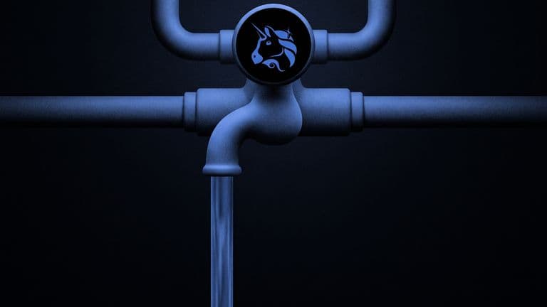 A water tap marked with the Uniswap logo, fed by several pipes joining from the dark, pours one steady stream of water.