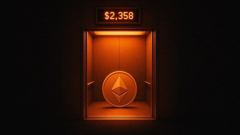A coin with the Ethereum mark stands alone in a lift stopped halfway between two floors, with a small display above the doors glowing $2,358.