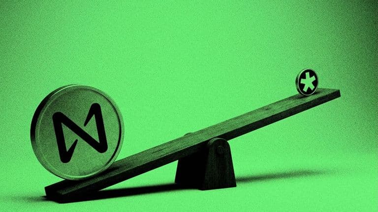 A small coin perched high on one end of a seesaw while a giant coin weighs down the other end, on a flat green background.