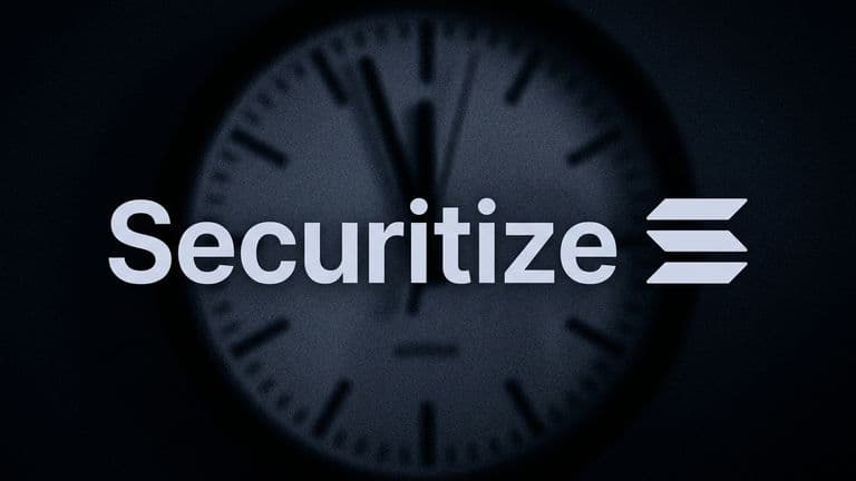 The name Securitize beside the Solana logo in pale navy letters, set over a blurred clock face with its hands near midnight on a dark background.