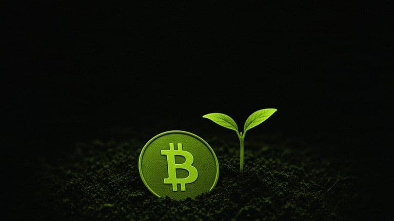 A small green seedling with two leaves sprouts from dark soil beside a half-buried coin bearing the Bitcoin mark, against a black background.