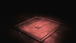 A coin with the Solana mark rests on a closed wooden trapdoor in a dark floor, a thin line of pink light glowing around the hatch edges.